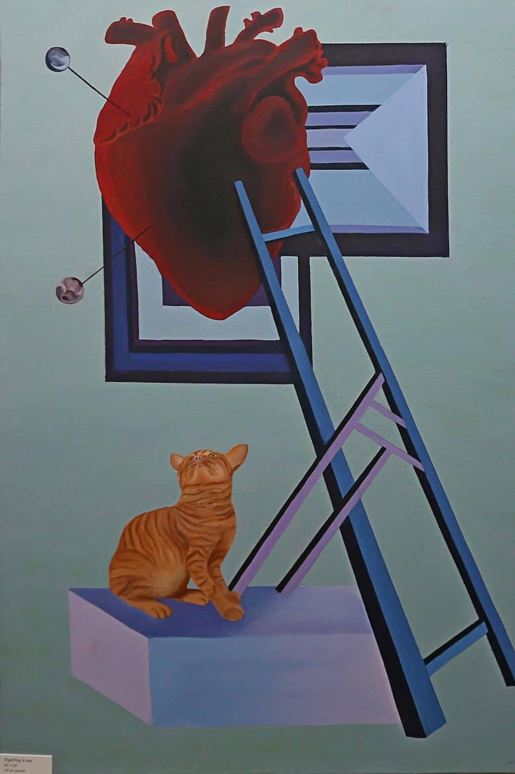 Figuring it out, Olja på duk, 2018, av Anujalika. Ett rött anatomiskt hjärta vilar högst upp på en blå stege lutad mot en tom ram; en orange katt sitter på ett lila block nedanför, mot en blekgrön grund.
