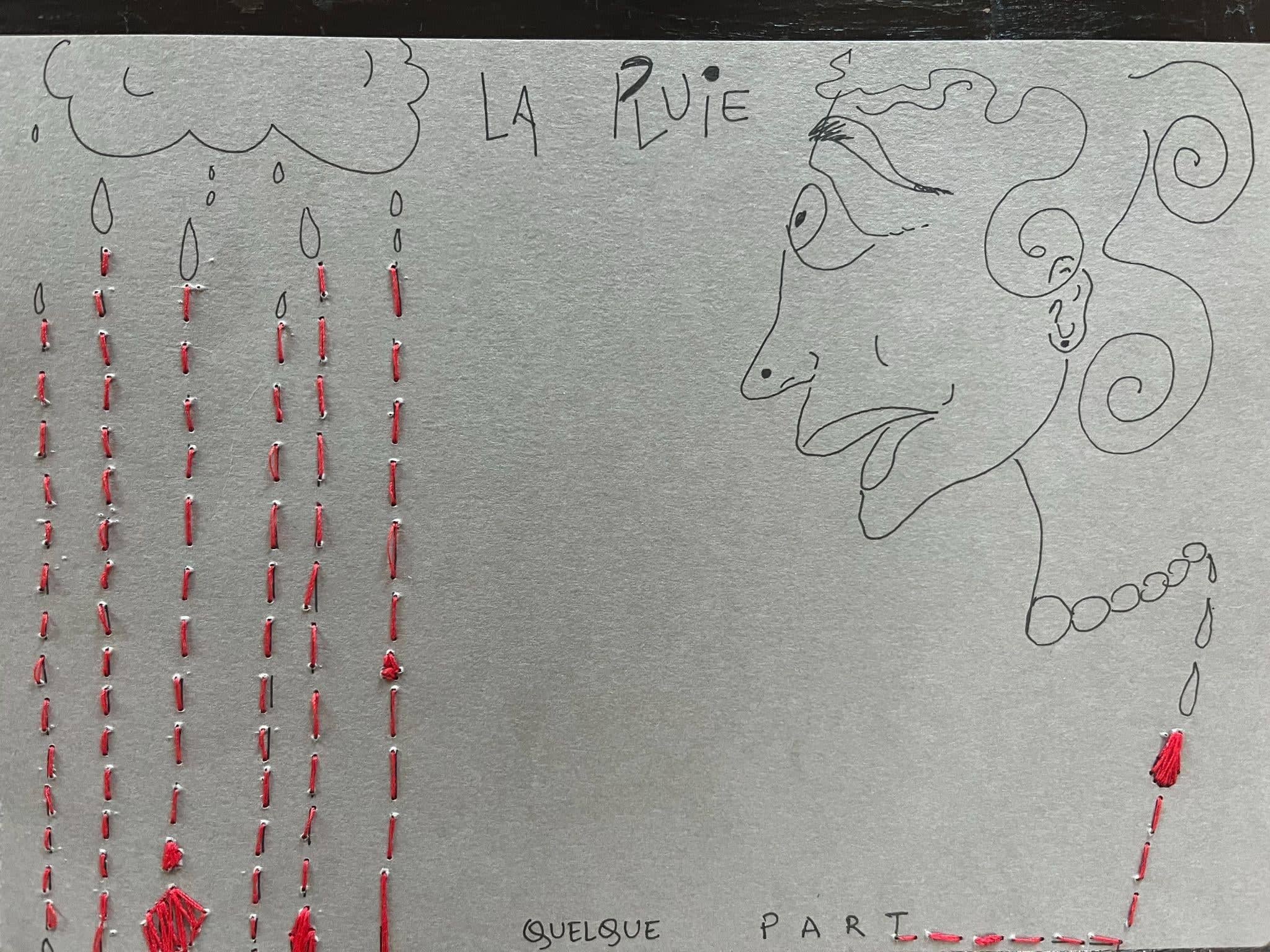 Féminin (fem tillstånd), Blandteknik på papper, 2023–2024, av Anujalika. Fem små verk: en blyertsprofil under ett moln märkt La Pluie med rött broderat regn; och fyra stickade eller virkade former i rött, vitt, blått och grönt ullgarn monterade på grå kartong.