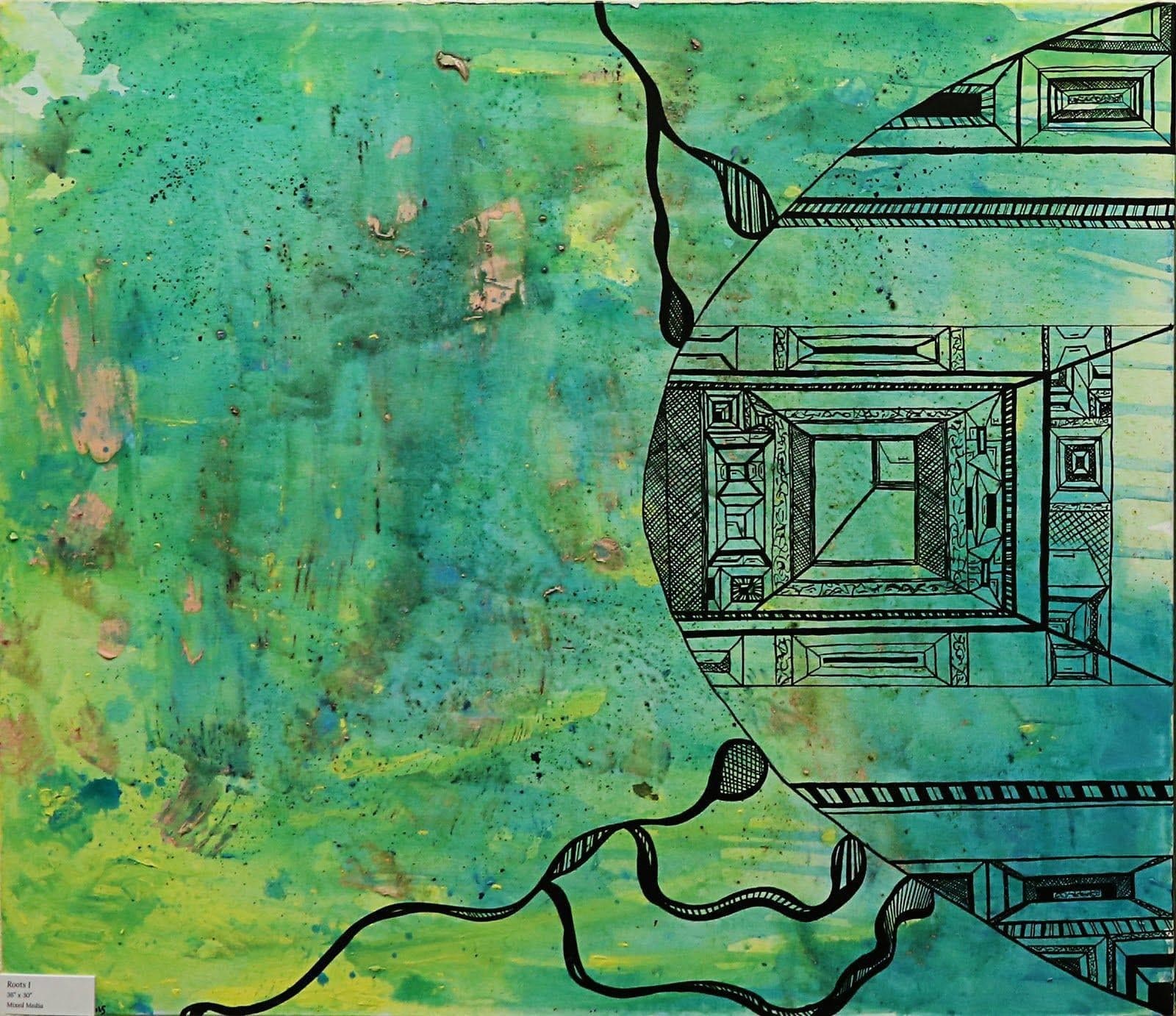 Roots I, Mixed media, 2019, by Anujalika. A teal and yellow-green poured ground; on the right, a semicircle of fine black architectural line drawing from which a root-like black line escapes.