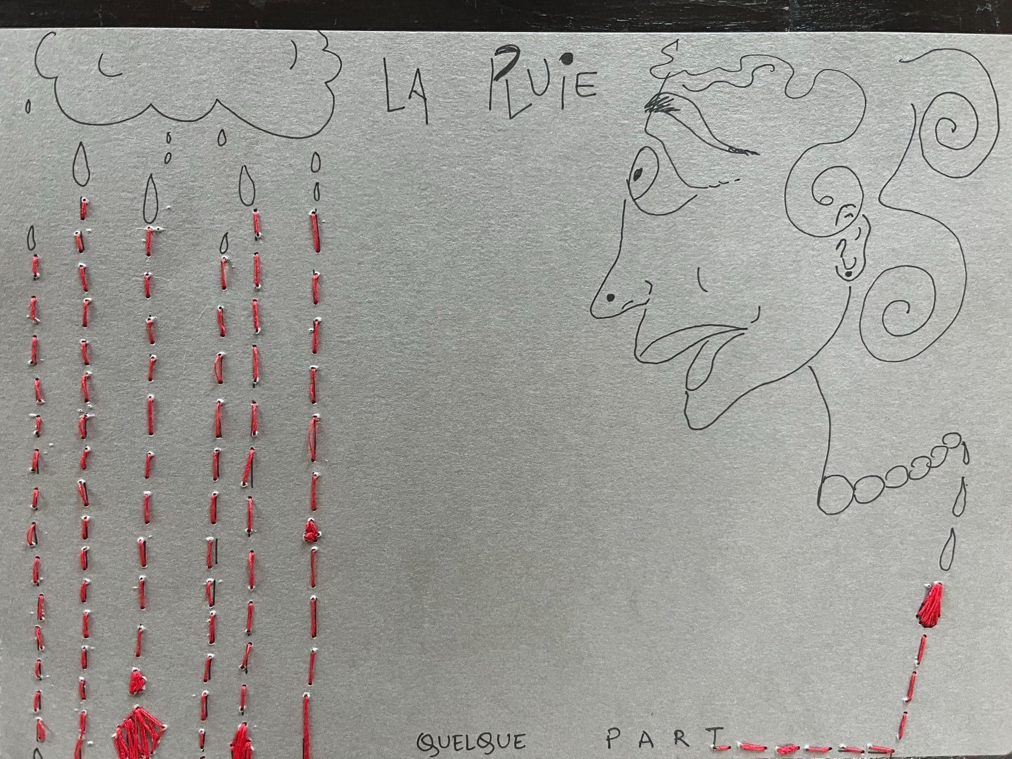 Feminity (five states), Mixed media on paper, 2023–2024, by Anujalika. Five small works: a pencil profile beneath a cloud labelled La Pluie with red stitched rain; and four knitted or crocheted forms in red, white, blue and green wool mounted on grey paper.