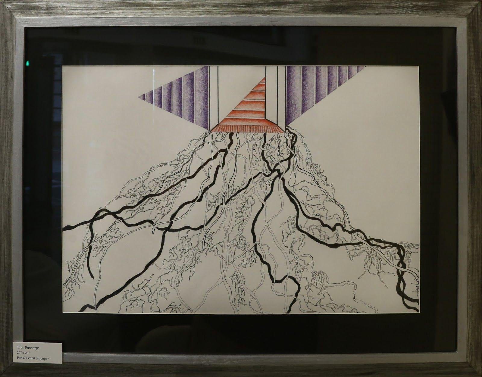 The Passage, Pencil on paper, 2019, by Anujalika. A framed pencil drawing: black root lines spread downward from a small hatched pyramid at the top centre, over a faint contour-line ground.