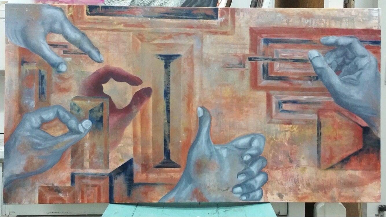 Psychological Hold, Oil on canvas, 2018, by Anujalika. Four grey-blue hands emerge from the edges of an ochre and terracotta ground drawn with architectural lines, reaching toward a central column.