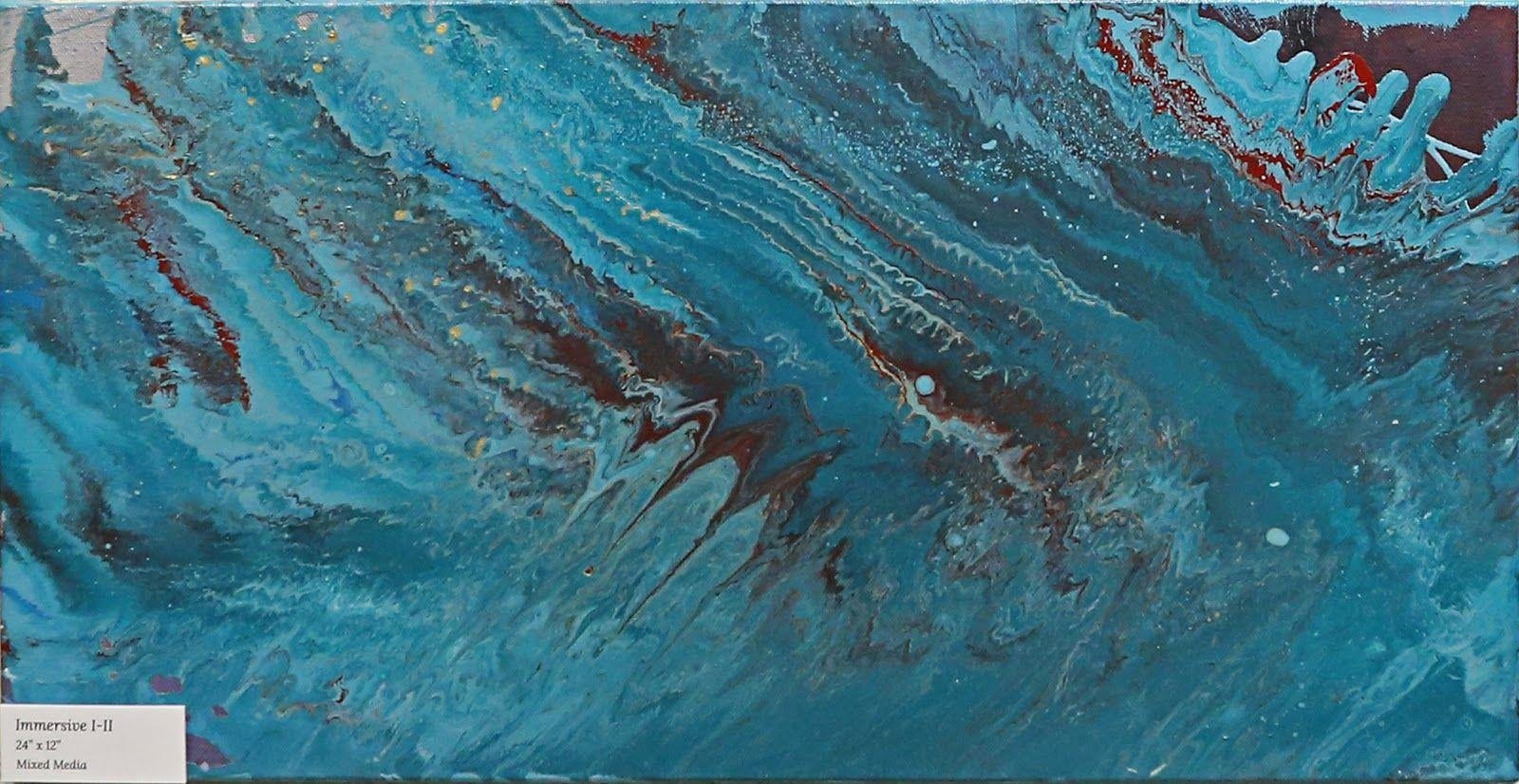 Immersive I–II, Enamel on canvas, 2019, by Anujalika. A horizontal enamel pour in turquoise, teal and white with dark red veins, the pigment flowing diagonally like a current.