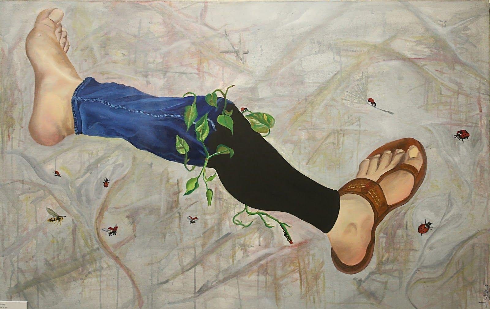 Irony, Oil on canvas, 2018, by Anujalika. A single leg in blue jeans and a leather sandal floats horizontally across a pale ground; green seedlings grow from the trouser leg and small insects hover nearby.