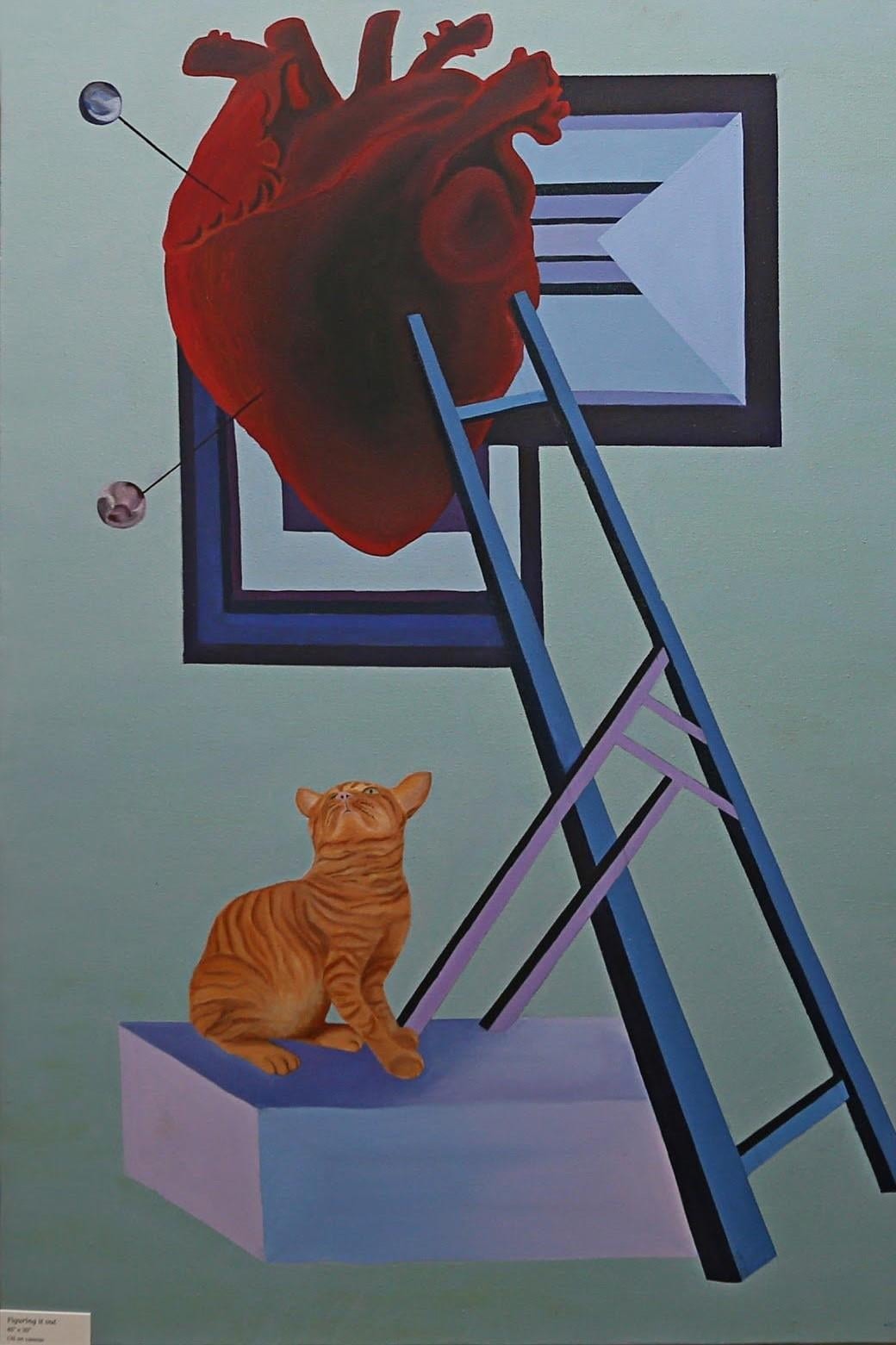 Figuring it out, Olja på duk, 2018, av Anujalika. Ett rött anatomiskt hjärta vilar högst upp på en blå stege lutad mot en tom ram; en orange katt sitter på ett lila block nedanför, mot en blekgrön grund.