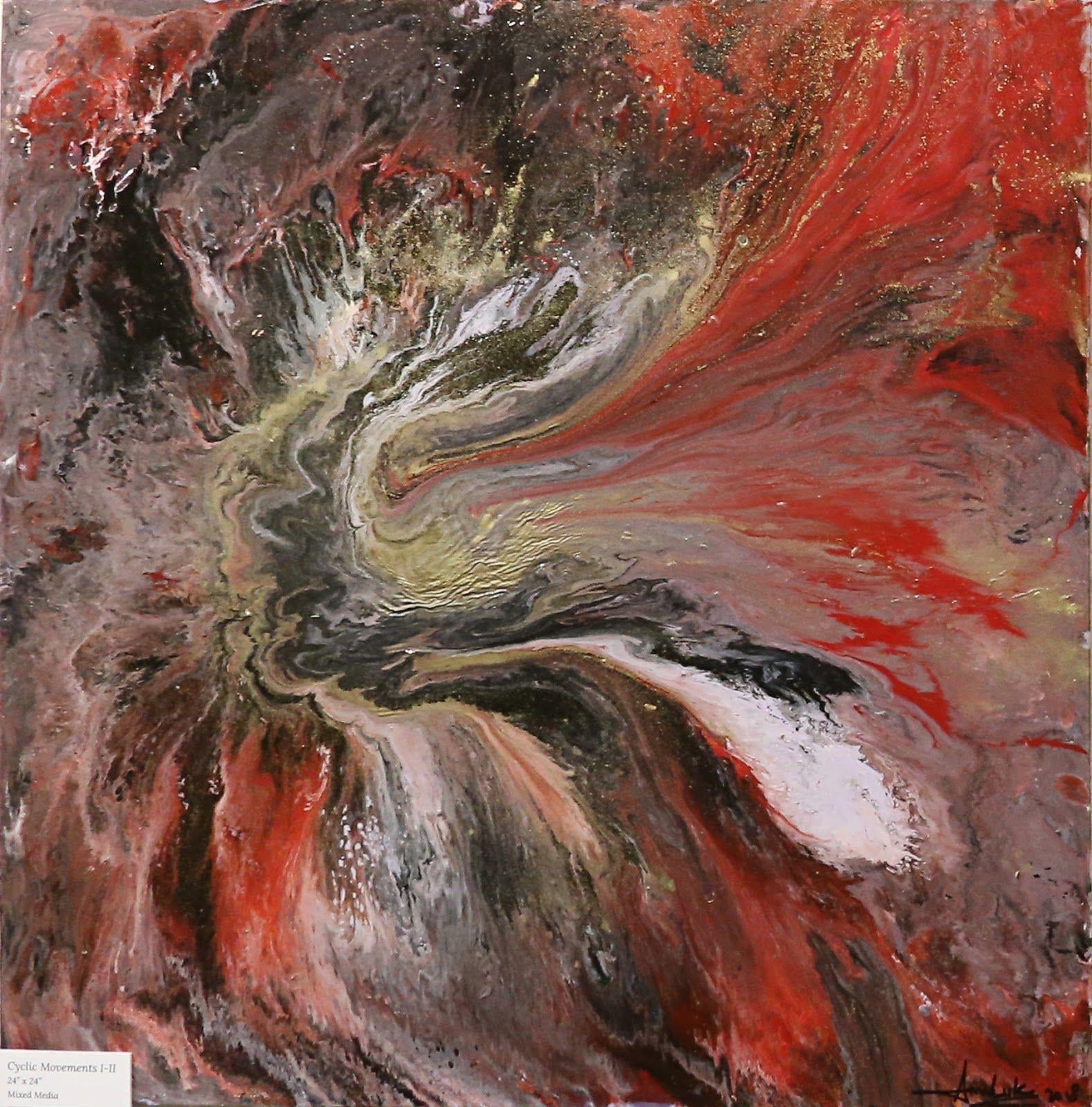 Cyclic Movements I–II, Blandteknik, 2019, av Anujalika. En kvadratisk duk där rött, svart, vitt och ockra pigment virvlar utåt från mitten som en vortex.