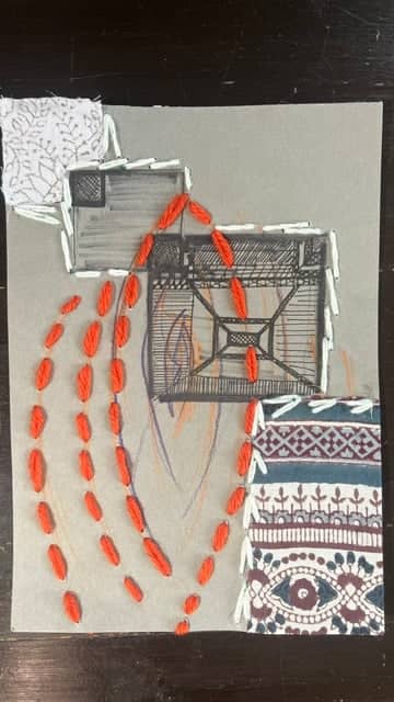 Övergång, Ull, textil och tusch på papper, 2026, av Anujalika. Orange broderade frön faller förbi ett tecknat fönster och en bit tryckt textil.