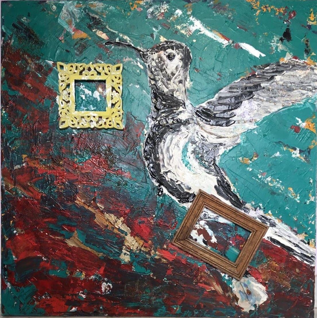 Flight, Olja på duk, 2016, av Anujalika. En fågel med utbredda vingar målad i vitt och svart över en blågrön och röd grund, med två små tomma ramar.